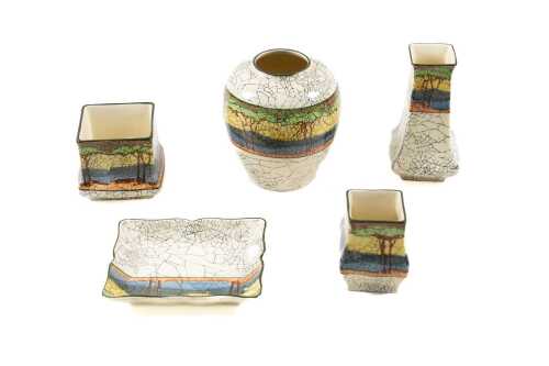 Five pieces of Royal Doulton 'Deadwood Crackle' porcelain Series Ware
