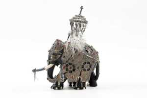 Two Sri Lankan elephant figures with silver overlay supporting shrines - 2