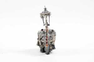 Two Sri Lankan elephant figures with silver overlay supporting shrines - 5