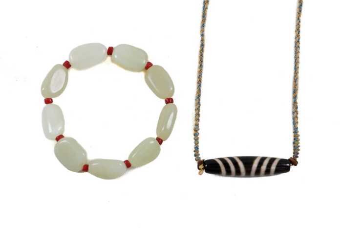 Tibetan banded agate pendant on necklace and a quartz beaded bracelet