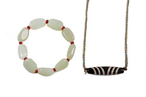Tibetan banded agate pendant on necklace and a quartz beaded bracelet
