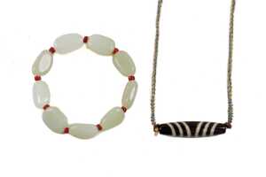 Tibetan banded agate pendant on necklace and a quartz beaded bracelet