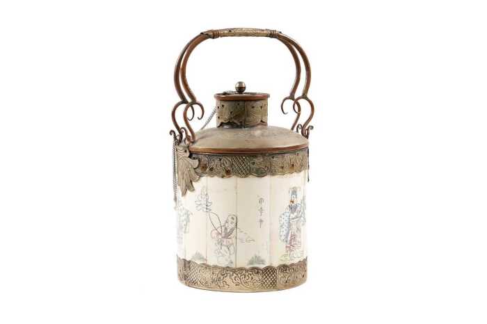 Antique Chinese bone and copper double-handled opium pot