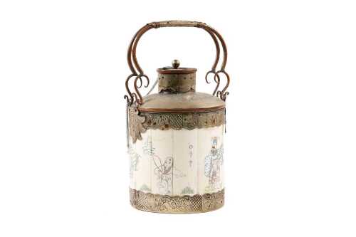 Antique Chinese bone and copper double-handled opium pot