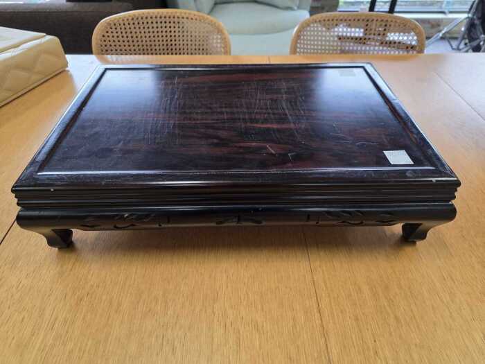Oriental rosewood footed tray with carved leaf decoration to skirt