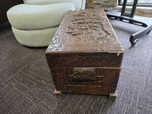 Carved camphor timber chest - 4