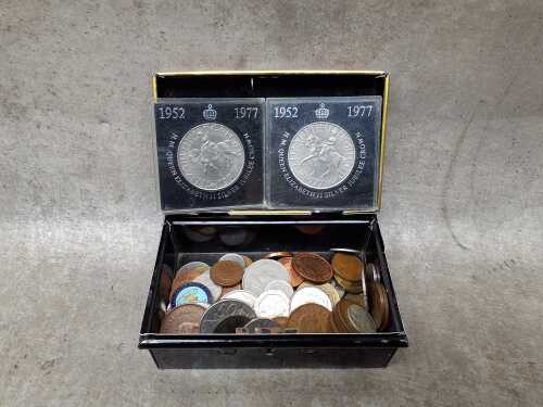59B · Assorted world coins in Chad Valley moneybox