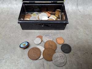 Assorted world coins in Chad Valley moneybox - 6