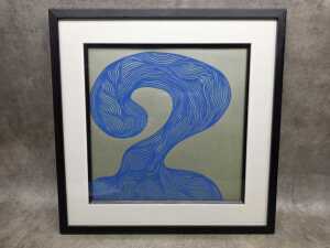 Artist unknown, abstract blue contour lines to metallic-look background. Screenprint on paper
