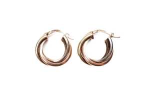 A pair of triple hoops in 9 carat three tone gold
