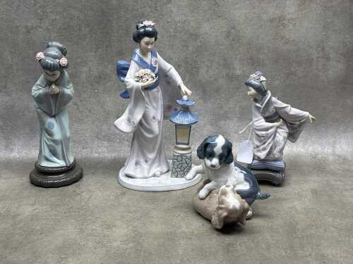 Three porcelain figures including three Lladro