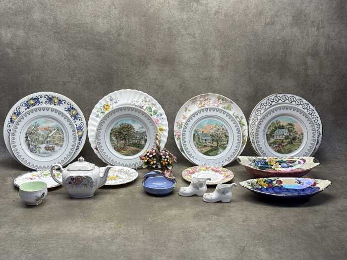 Porcelain, including cabinet plates and floral baskets