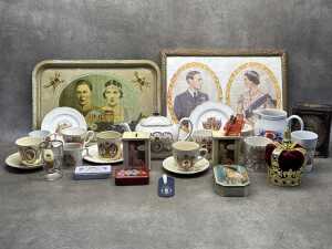 British Royal Family memorabilia including tinware, porcelain teacups, crown, etc.