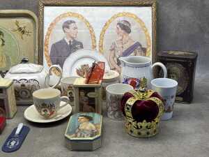 British Royal Family memorabilia including tinware, porcelain teacups, crown, etc. - 3