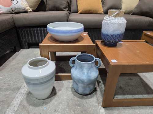 Trio of blue ceramic vases