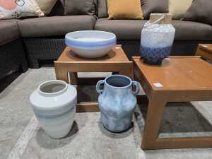 Trio of blue ceramic vases