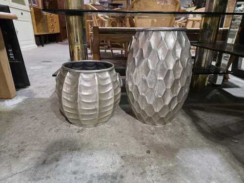 Two pressed tin twin-handled floor planters