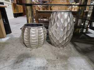 Two pressed tin twin-handled floor planters