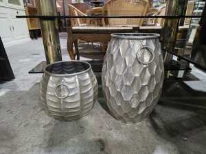 Two pressed tin twin-handled floor planters - 2