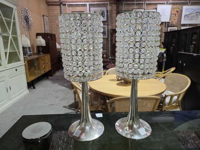 Pair of silver-tone and glass decorated candle stands