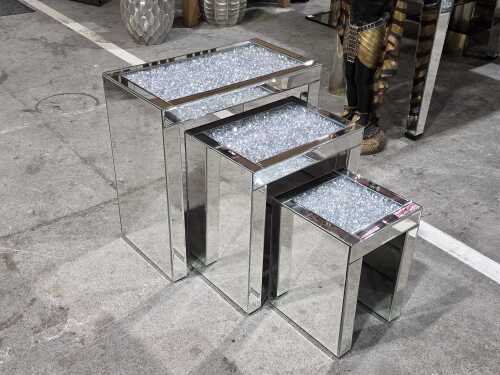 Three mirrored nesting side tables with crystal design under glass top