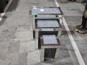 Three mirrored nesting side tables with crystal design under glass top - 2