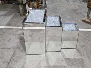 Three mirrored nesting side tables with crystal design under glass top - 3