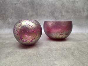 Pair of 1980s Royal Brierley art glass gold glazed sphere vases