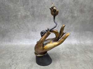 Cast metal sculpture of Buddha hand holding a lotus flower - 3