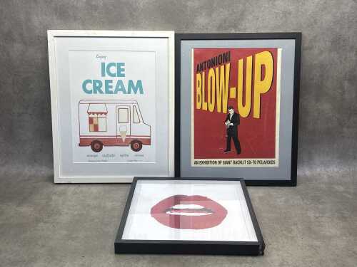 Three framed pop art style and advertising prints