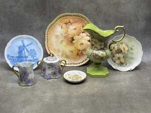 Hand-painted porcelain, including plates, ewer