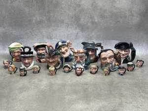 Royal Doulton porcelain character jugs, including miniature Charles Dickens characters