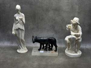 Three Classical reproduction figures including metal and onyx Romulus and Remus and 2x resin figures
