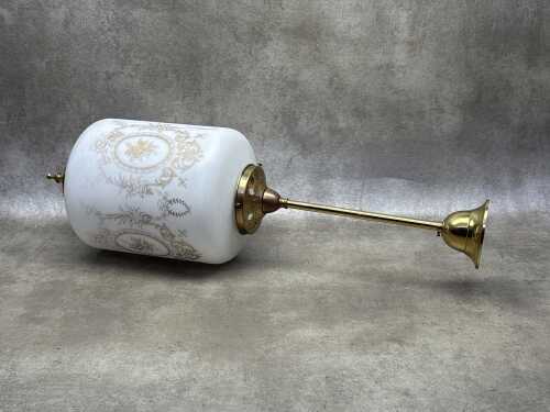 Retro brass and milk glass pendant light with floral decoration