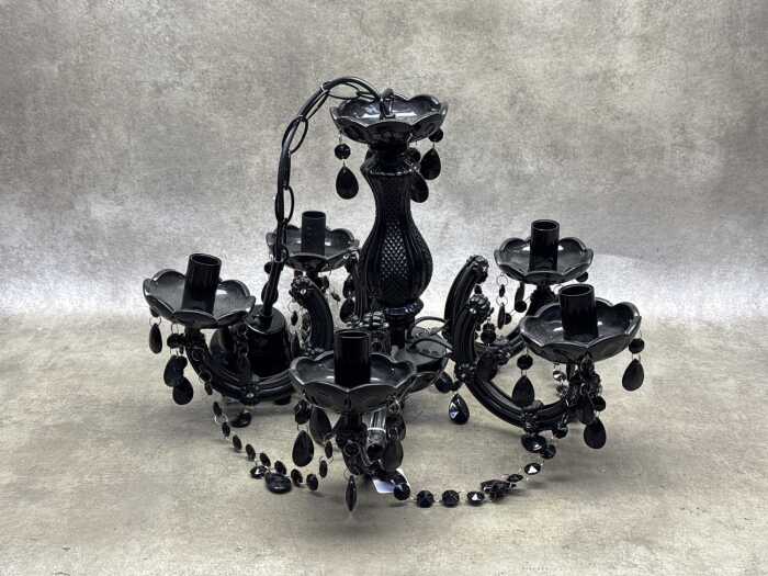 Murano-style black glass chandelier with five arms.