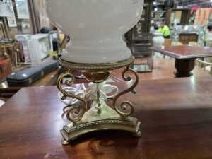 Pair of table lamps with brass decorative bases and milk glass stems - 2