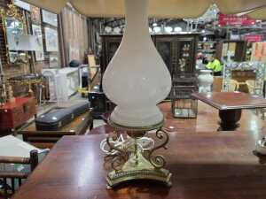 Pair of table lamps with brass decorative bases and milk glass stems - 3