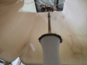 Pair of table lamps with brass decorative bases and milk glass stems - 5