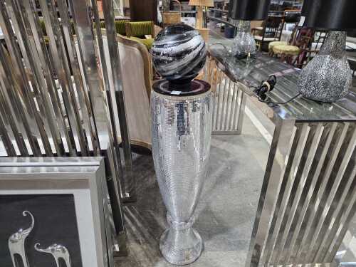 Mirror-encrusted pedestal with cosmic resin orb