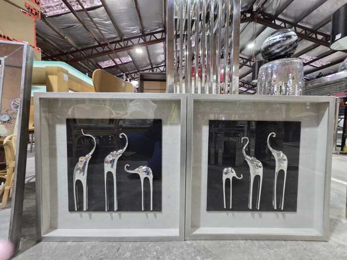 Pair of framed decorative silver-tone elephant wall art