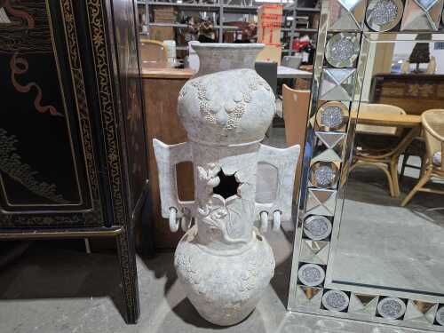 Terra cotta twin-handled garden urn with lizard decoration in high relief