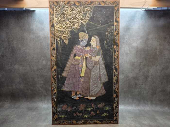 Traditional Indian painting of Radha Krishna. Hand-painted watercolour on silk
