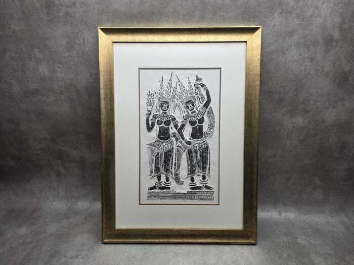 Cambodian Apsara temple rubbing. Charcoal on rice paper