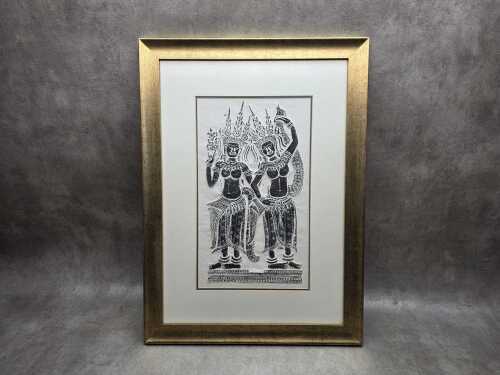 Cambodian Apsara temple rubbing. Charcoal on rice paper