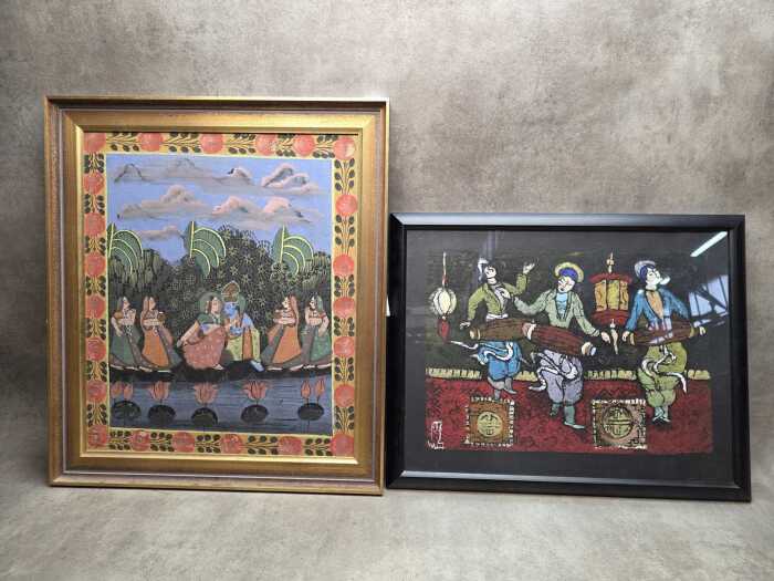 Two Oriental artworks including a traditional Indian painting of Radha Krishna