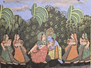 Two Oriental artworks including a traditional Indian painting of Radha Krishna - 4