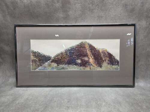 Harry Pigeon (1943-), landscape with cliff face. Watercolour painting on paper