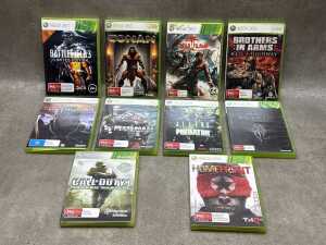 10 XBOX 360 battle games including Brother's In Arms Hell's Highway