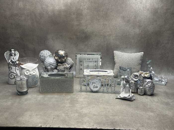 Silver-tone and shimmering modern decorative homewares