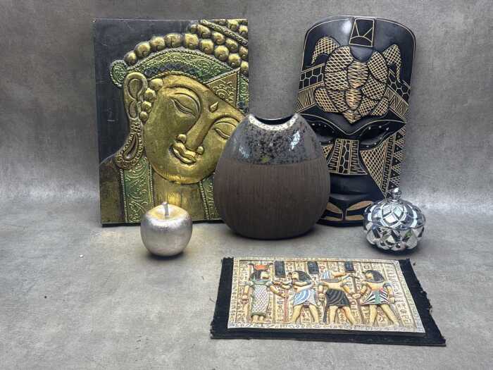 Modern decorative items, including wall panels and vessels